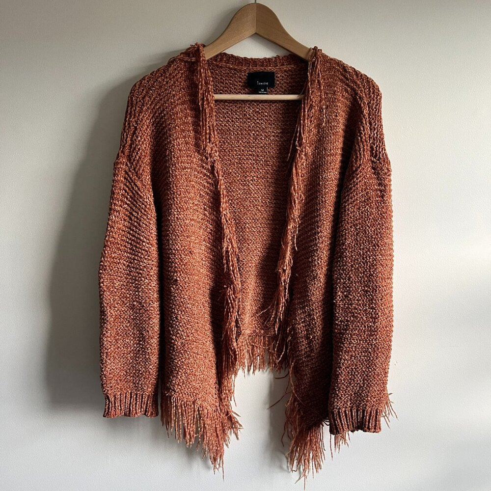 Lumière Cardigan Sweater Open Front Fringe Hem Knit Rust Orange Size M